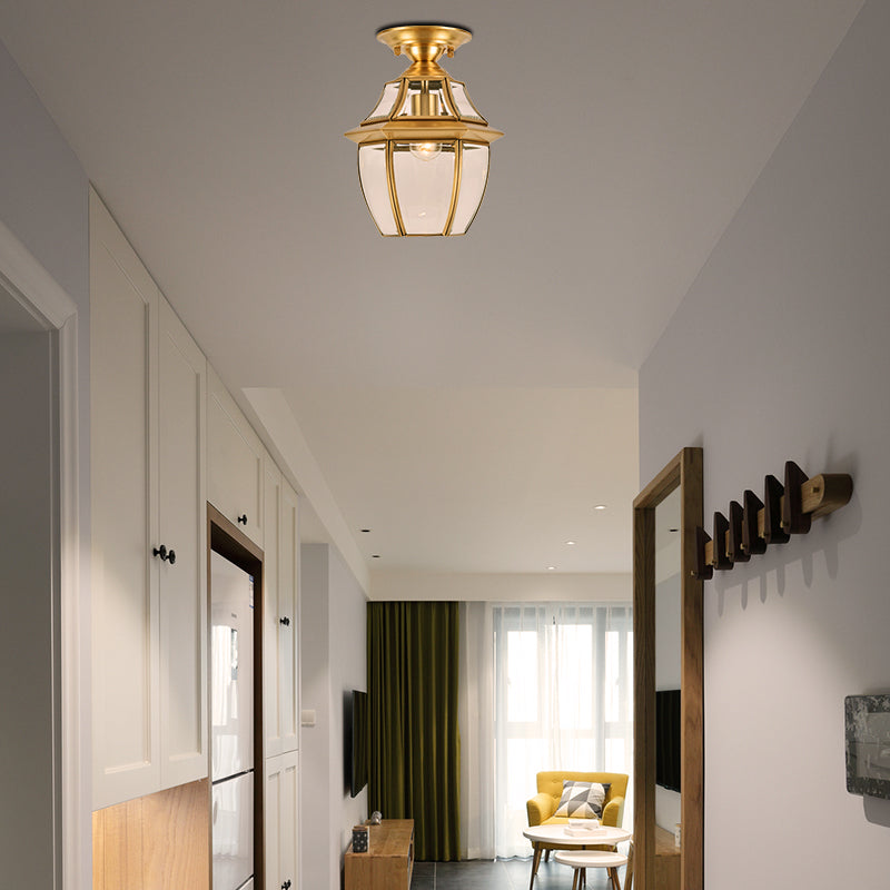 Lantern Bedroom Flush Mount Light Colonial Clear Bevel Glass 1 Bulb Brass Close to Ceiling Lamp Clearhalo 'Ceiling Lights' 'Close To Ceiling Lights' 'Close to ceiling' 'Flush mount' Lighting' 270487