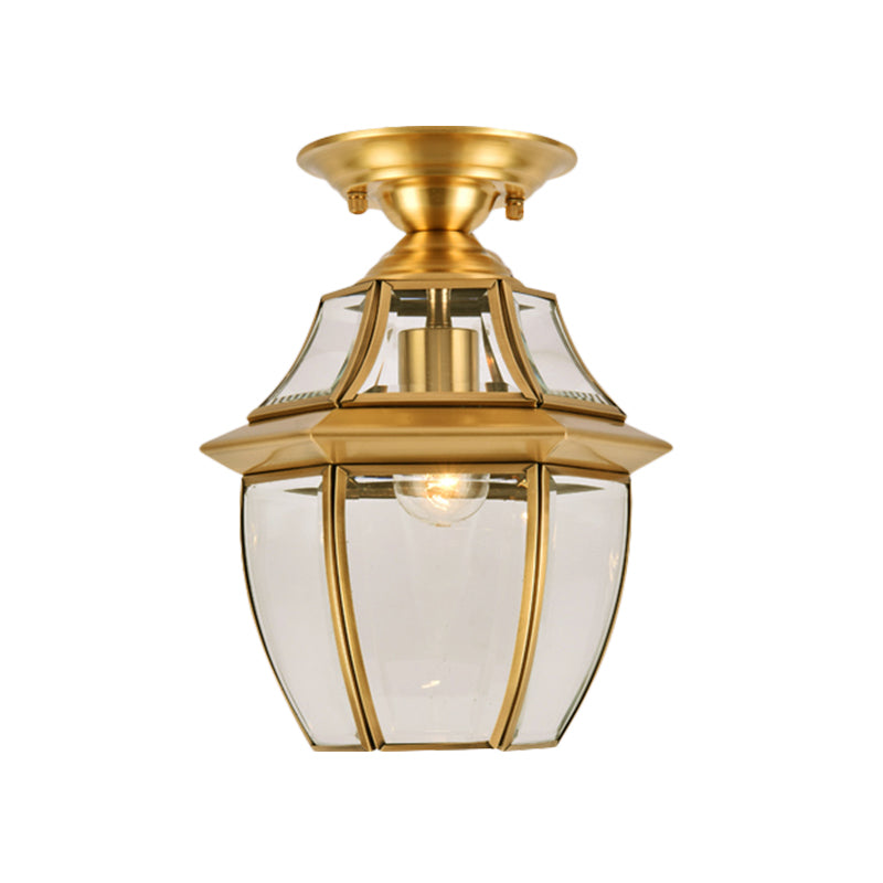 Lantern Bedroom Flush Mount Light Colonial Clear Bevel Glass 1 Bulb Brass Close to Ceiling Lamp Clearhalo 'Ceiling Lights' 'Close To Ceiling Lights' 'Close to ceiling' 'Flush mount' Lighting' 270488