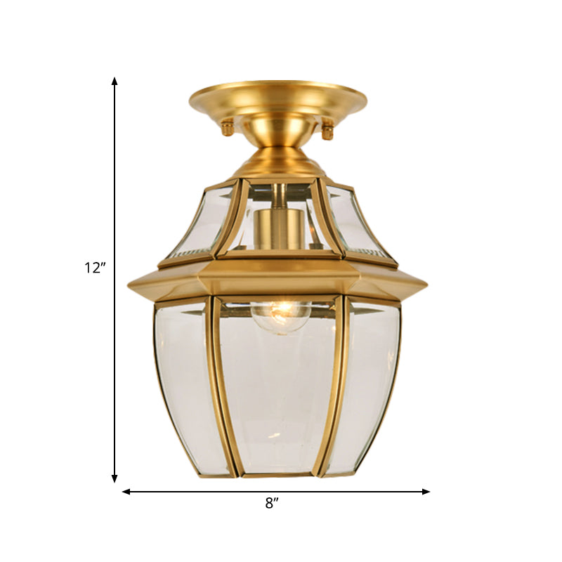 Lantern Bedroom Flush Mount Light Colonial Clear Bevel Glass 1 Bulb Brass Close to Ceiling Lamp Clearhalo 'Ceiling Lights' 'Close To Ceiling Lights' 'Close to ceiling' 'Flush mount' Lighting' 270489