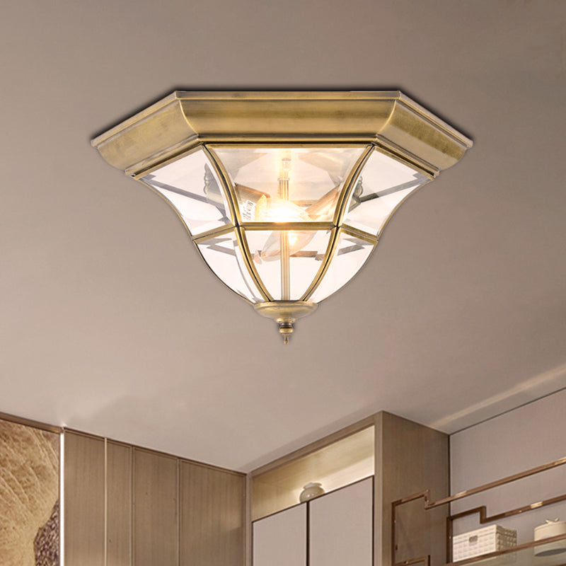 Colonialism Bell Ceiling Mount Light Fixture 3 Bulbs Clear Curved Glass Flush Mount Chandelier in Brass Brass Clearhalo 'Ceiling Lights' 'Close To Ceiling Lights' 'Close to ceiling' 'Flush mount' Lighting' 270510