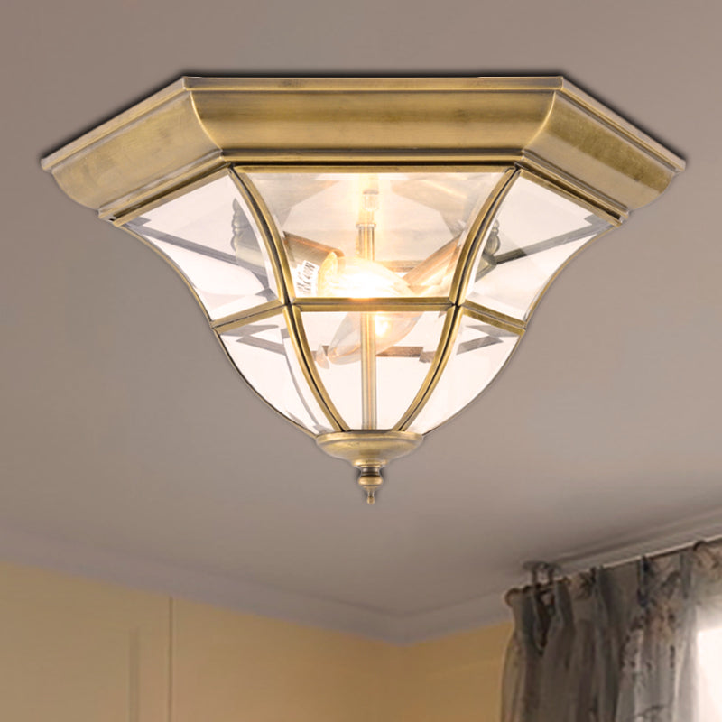 Colonialism Bell Ceiling Mount Light Fixture 3 Bulbs Clear Curved Glass Flush Mount Chandelier in Brass Clearhalo 'Ceiling Lights' 'Close To Ceiling Lights' 'Close to ceiling' 'Flush mount' Lighting' 270511