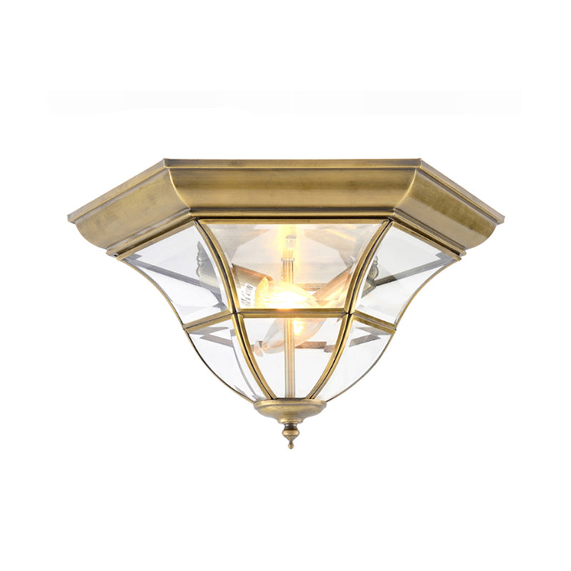 Colonialism Bell Ceiling Mount Light Fixture 3 Bulbs Clear Curved Glass Flush Mount Chandelier in Brass Clearhalo 'Ceiling Lights' 'Close To Ceiling Lights' 'Close to ceiling' 'Flush mount' Lighting' 270513