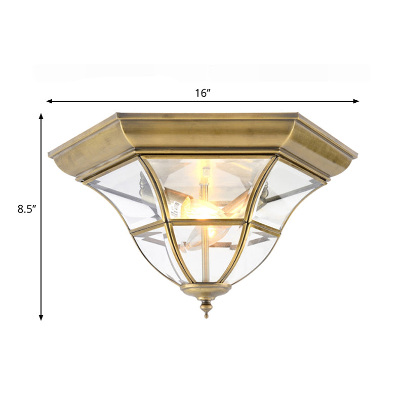 Colonialism Bell Ceiling Mount Light Fixture 3 Bulbs Clear Curved Glass Flush Mount Chandelier in Brass Clearhalo 'Ceiling Lights' 'Close To Ceiling Lights' 'Close to ceiling' 'Flush mount' Lighting' 270514