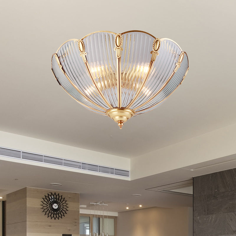 3-Light Prismatic Glass Flush Light Colonialist Brass Scalloped Living Room Close to Ceiling Lighting Brass Clearhalo 'Ceiling Lights' 'Close To Ceiling Lights' 'Close to ceiling' 'Flush mount' Lighting' 270515