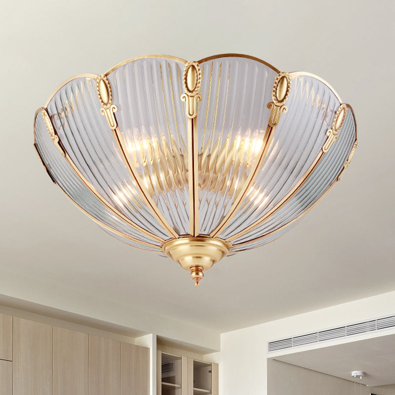 3-Light Prismatic Glass Flush Light Colonialist Brass Scalloped Living Room Close to Ceiling Lighting Clearhalo 'Ceiling Lights' 'Close To Ceiling Lights' 'Close to ceiling' 'Flush mount' Lighting' 270516