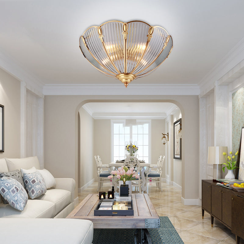 3-Light Prismatic Glass Flush Light Colonialist Brass Scalloped Living Room Close to Ceiling Lighting Clearhalo 'Ceiling Lights' 'Close To Ceiling Lights' 'Close to ceiling' 'Flush mount' Lighting' 270517