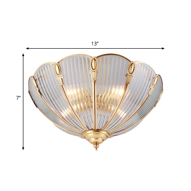 3-Light Prismatic Glass Flush Light Colonialist Brass Scalloped Living Room Close to Ceiling Lighting Clearhalo 'Ceiling Lights' 'Close To Ceiling Lights' 'Close to ceiling' 'Flush mount' Lighting' 270519