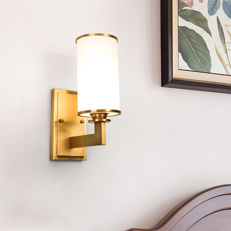 Modernism Style Cylinder Wall Lamp 1/2-Head Frosted Glass Wall Lighting Fixture in Brass for Living Room Clearhalo 'Wall Lamps & Sconces' 'Wall Lights' Lighting' 270537