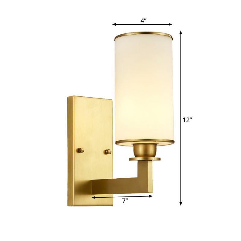 Modernism Style Cylinder Wall Lamp 1/2-Head Frosted Glass Wall Lighting Fixture in Brass for Living Room Clearhalo 'Wall Lamps & Sconces' 'Wall Lights' Lighting' 270539