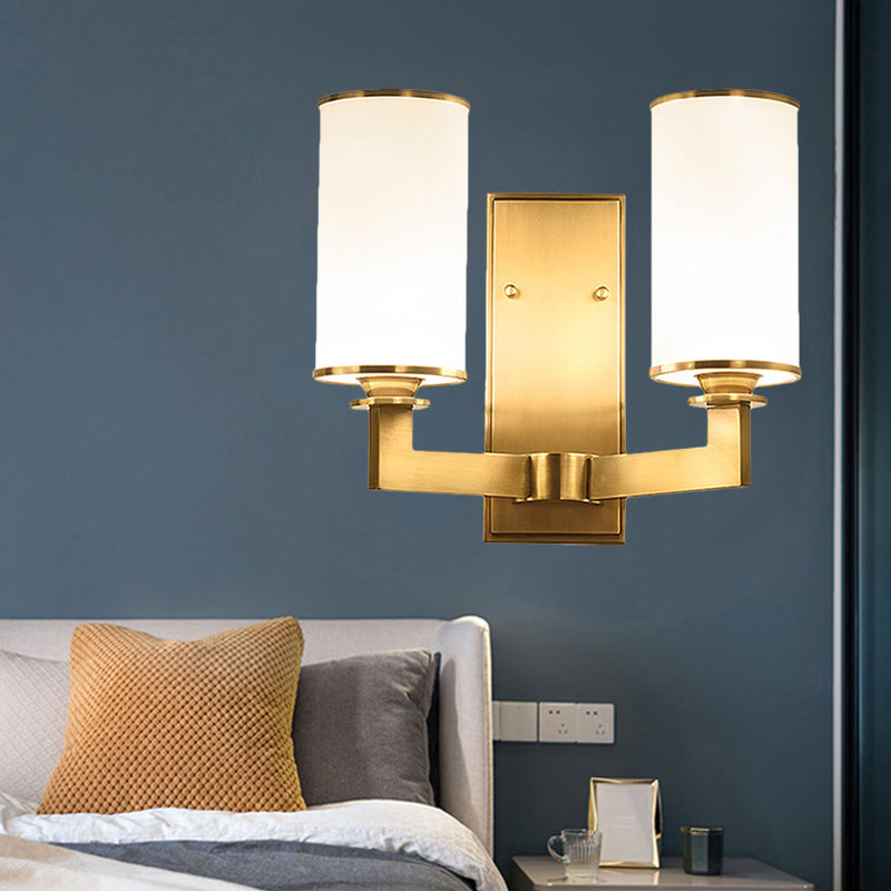 Modernism Style Cylinder Wall Lamp 1/2-Head Frosted Glass Wall Lighting Fixture in Brass for Living Room 2.0 Brass Clearhalo 'Wall Lamps & Sconces' 'Wall Lights' Lighting' 270541