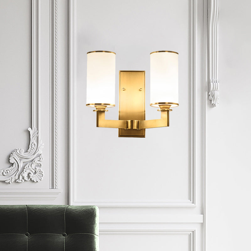 Modernism Style Cylinder Wall Lamp 1/2-Head Frosted Glass Wall Lighting Fixture in Brass for Living Room Clearhalo 'Wall Lamps & Sconces' 'Wall Lights' Lighting' 270543