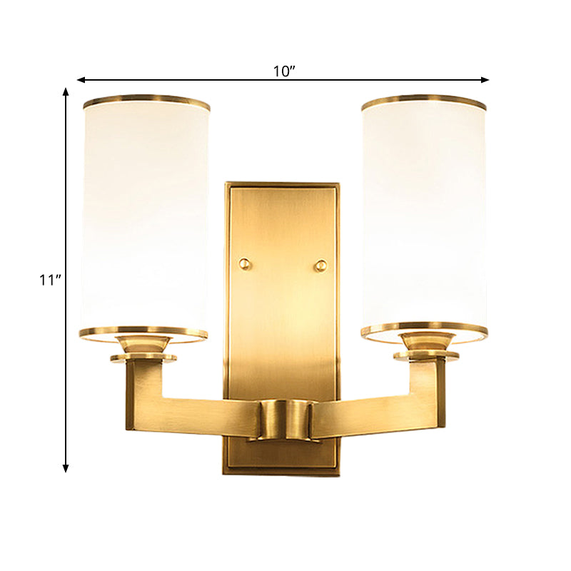 Modernism Style Cylinder Wall Lamp 1/2-Head Frosted Glass Wall Lighting Fixture in Brass for Living Room Clearhalo 'Wall Lamps & Sconces' 'Wall Lights' Lighting' 270545