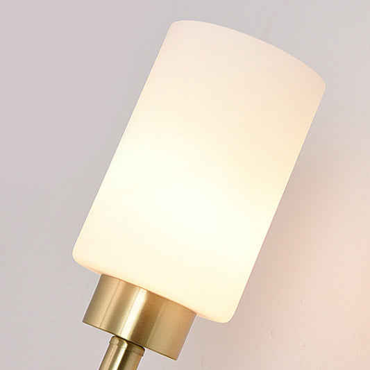 Cylinder Bedroom Wall Light Sconce Modernist Style White Glass 1/2-Head Brass Finish Wall Lamp with Pencil Arm Clearhalo 'Wall Lamps & Sconces' 'Wall Lights' Lighting' 270579