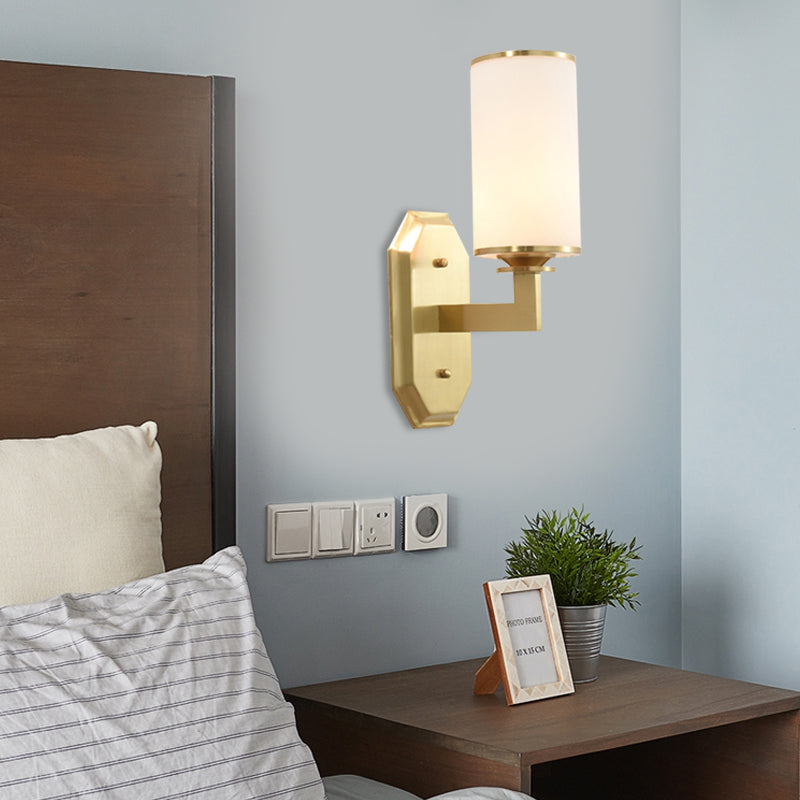 1/2-Head Wall Mounted Lighting Modern Stylish Cylindrical Shade Frosted White Opal Wall Lamp in Brass 1.0 Brass Clearhalo 'Wall Lamps & Sconces' 'Wall Lights' Lighting' 270580