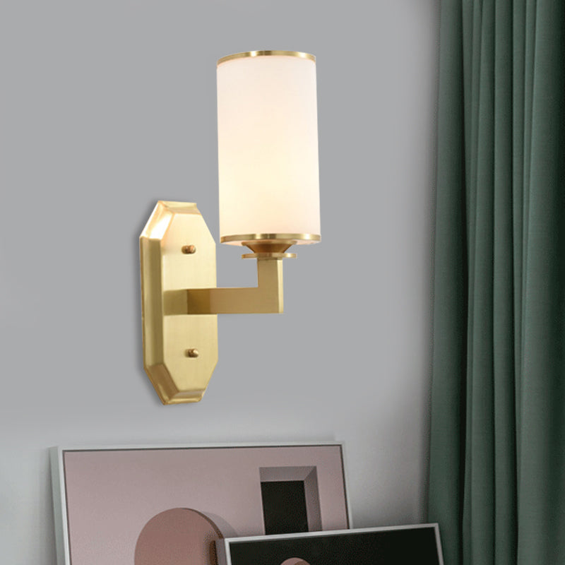 1/2-Head Wall Mounted Lighting Modern Stylish Cylindrical Shade Frosted White Opal Wall Lamp in Brass Clearhalo 'Wall Lamps & Sconces' 'Wall Lights' Lighting' 270581