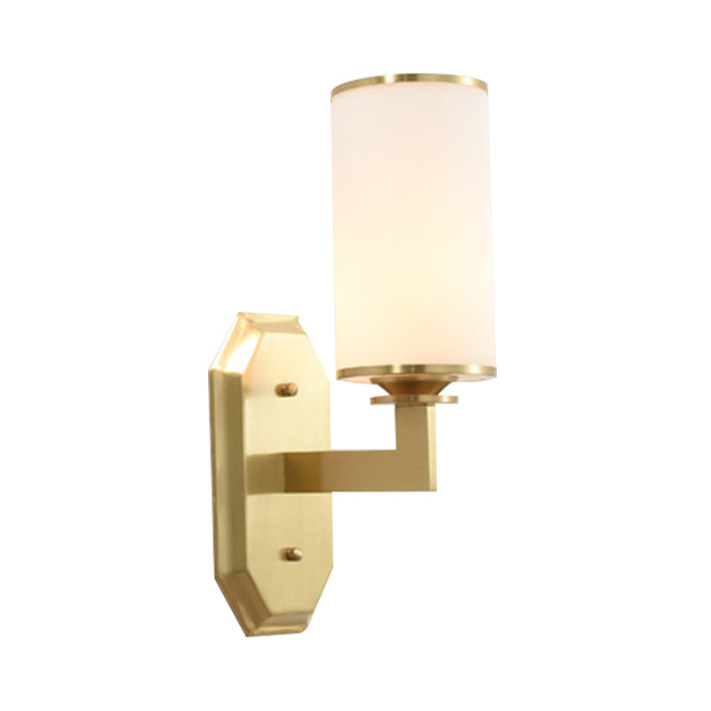 1/2-Head Wall Mounted Lighting Modern Stylish Cylindrical Shade Frosted White Opal Wall Lamp in Brass Clearhalo 'Wall Lamps & Sconces' 'Wall Lights' Lighting' 270583