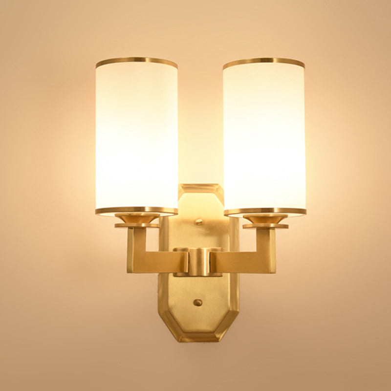 1/2-Head Wall Mounted Lighting Modern Stylish Cylindrical Shade Frosted White Opal Wall Lamp in Brass 2.0 Brass Clearhalo 'Wall Lamps & Sconces' 'Wall Lights' Lighting' 270585