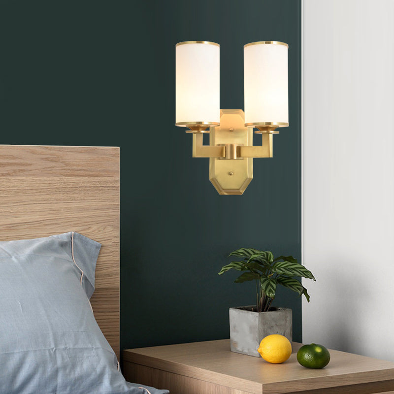 1/2-Head Wall Mounted Lighting Modern Stylish Cylindrical Shade Frosted White Opal Wall Lamp in Brass Clearhalo 'Wall Lamps & Sconces' 'Wall Lights' Lighting' 270587