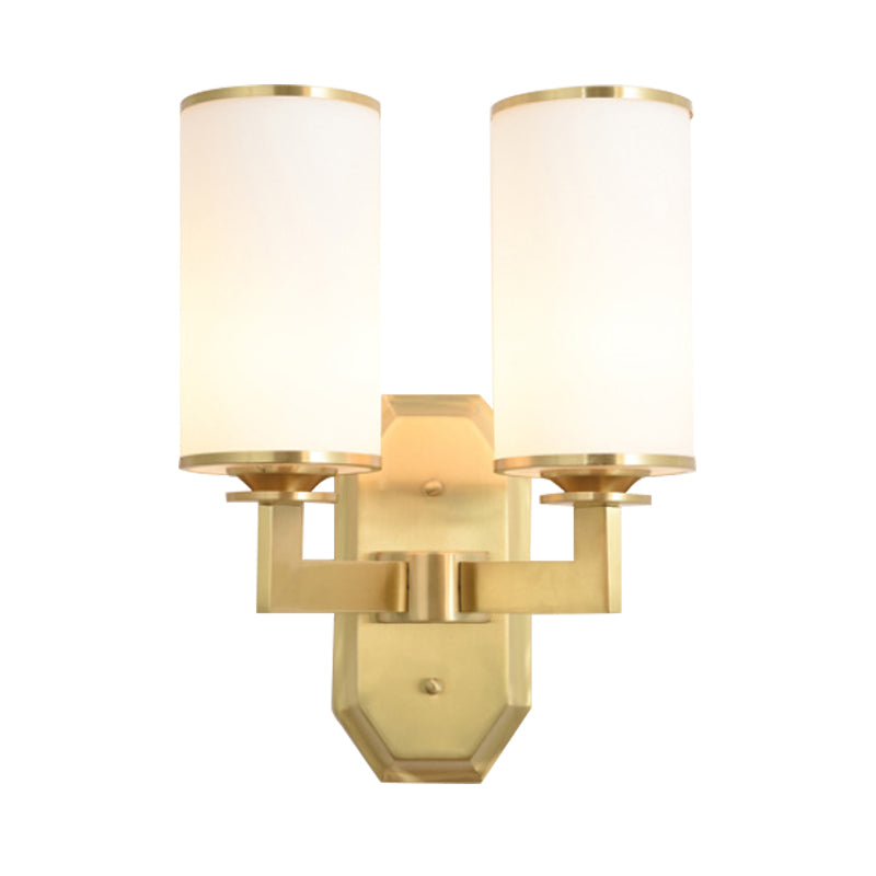 1/2-Head Wall Mounted Lighting Modern Stylish Cylindrical Shade Frosted White Opal Wall Lamp in Brass Clearhalo 'Wall Lamps & Sconces' 'Wall Lights' Lighting' 270588