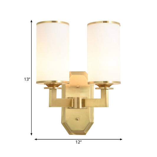 1/2-Head Wall Mounted Lighting Modern Stylish Cylindrical Shade Frosted White Opal Wall Lamp in Brass Clearhalo 'Wall Lamps & Sconces' 'Wall Lights' Lighting' 270589