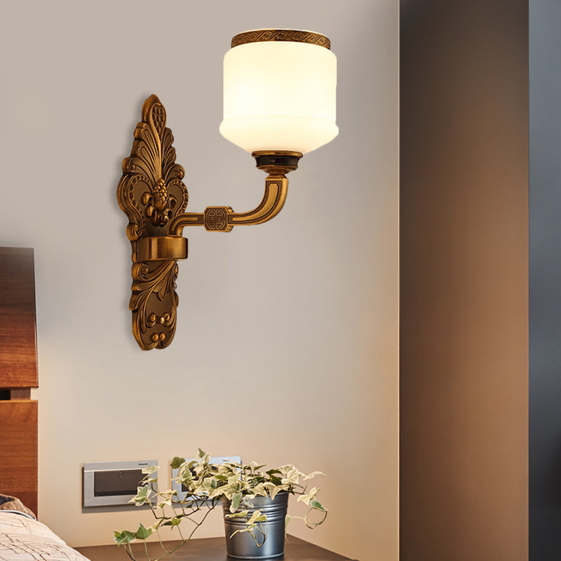 1/2-Light Wall Mount Lighting Vintage Style Drum Shade White Glass Wall Sconce Lamp in Brass 1.0 Brass Clearhalo 'Wall Lamps & Sconces' 'Wall Lights' Lighting' 270598