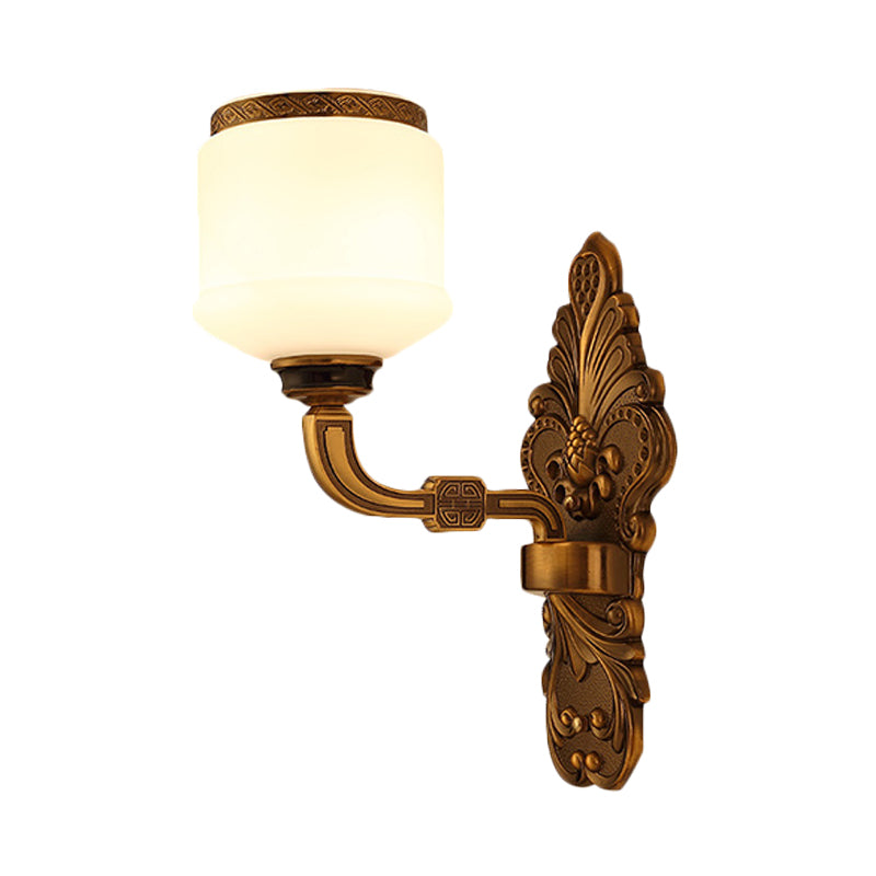 1/2-Light Wall Mount Lighting Vintage Style Drum Shade White Glass Wall Sconce Lamp in Brass Clearhalo 'Wall Lamps & Sconces' 'Wall Lights' Lighting' 270601