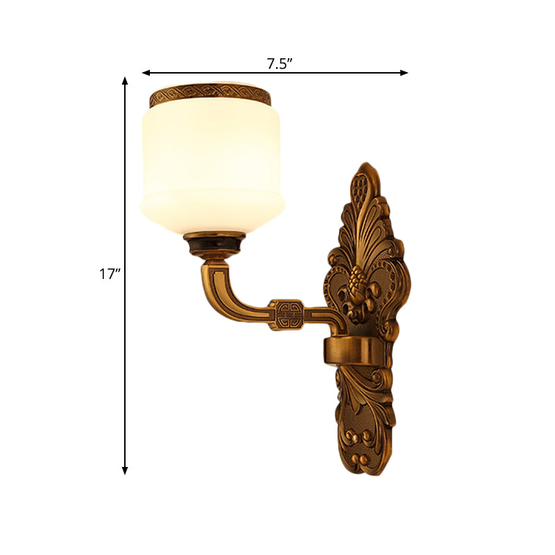 1/2-Light Wall Mount Lighting Vintage Style Drum Shade White Glass Wall Sconce Lamp in Brass Clearhalo 'Wall Lamps & Sconces' 'Wall Lights' Lighting' 270602