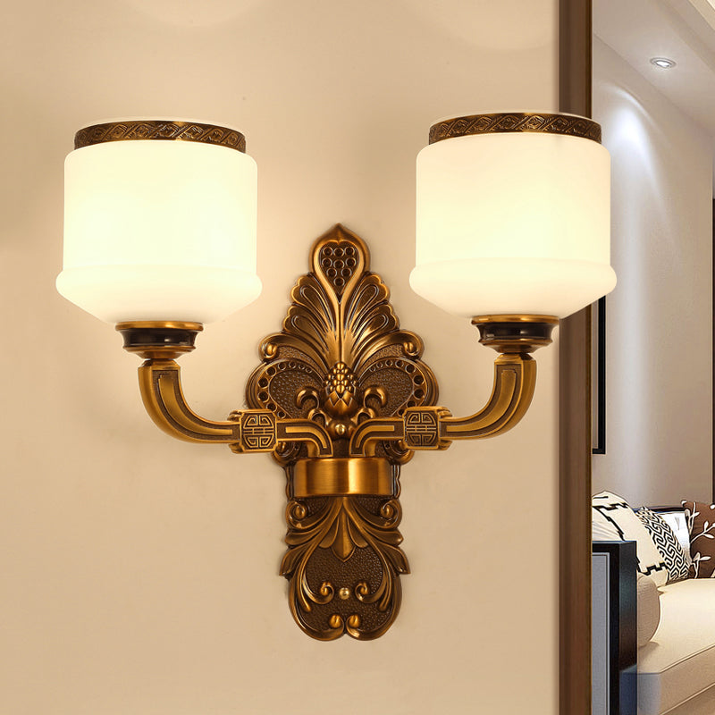 1/2-Light Wall Mount Lighting Vintage Style Drum Shade White Glass Wall Sconce Lamp in Brass 2.0 Brass Clearhalo 'Wall Lamps & Sconces' 'Wall Lights' Lighting' 270604