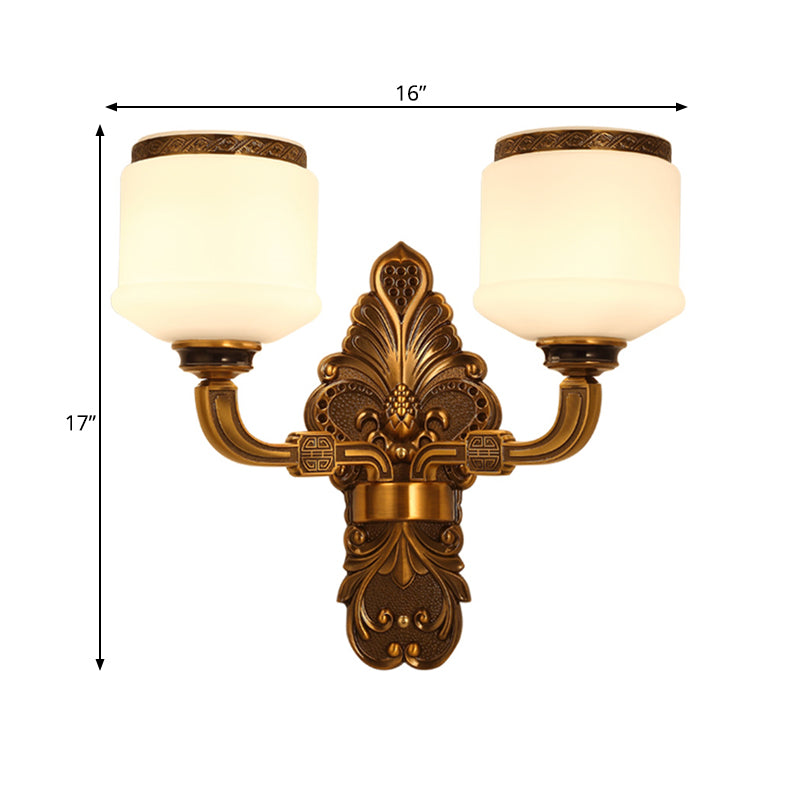 1/2-Light Wall Mount Lighting Vintage Style Drum Shade White Glass Wall Sconce Lamp in Brass Clearhalo 'Wall Lamps & Sconces' 'Wall Lights' Lighting' 270608