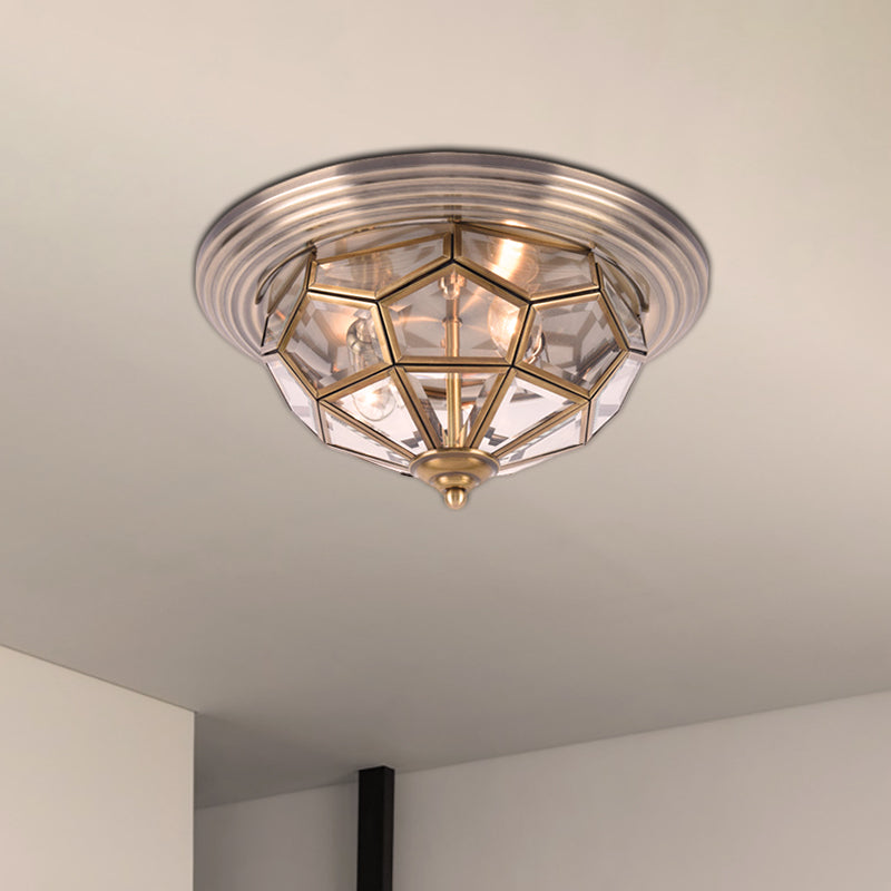 14"/18" W Prism Bedroom Flush Mount Light Colonial Clear Beveled Glass 2/3 Bulbs Brass Close to Ceiling Lamp Brass 14" Clearhalo 'Ceiling Lights' 'Close To Ceiling Lights' 'Close to ceiling' 'Flush mount' Lighting' 270609