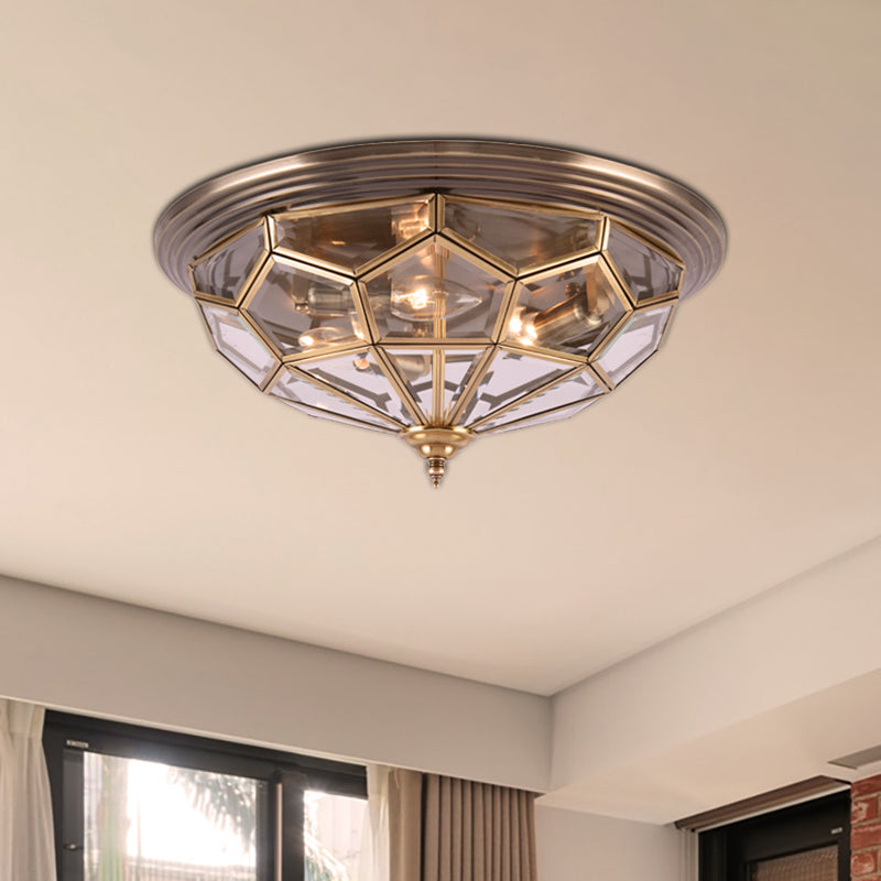 14"/18" W Prism Bedroom Flush Mount Light Colonial Clear Beveled Glass 2/3 Bulbs Brass Close to Ceiling Lamp Clearhalo 'Ceiling Lights' 'Close To Ceiling Lights' 'Close to ceiling' 'Flush mount' Lighting' 270615