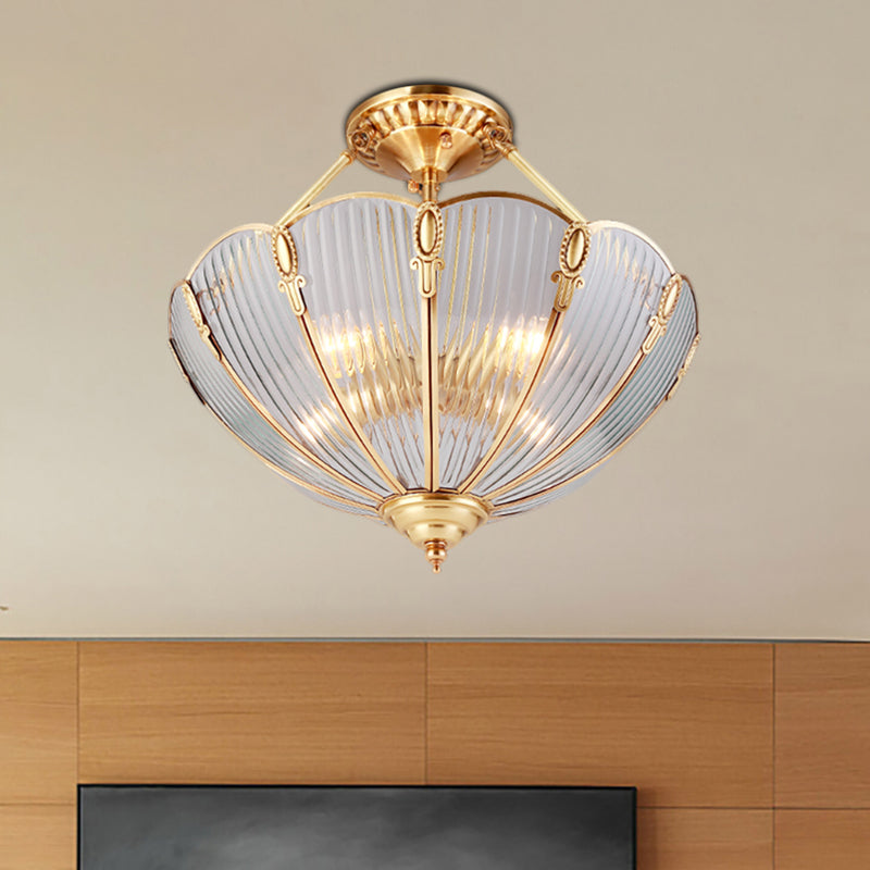 Brass 3 Heads Semi Flush Light Colonialism Ribbed Glass Scalloped Ceiling Fixture for Dining Room Brass Clearhalo 'Ceiling Lights' 'Close To Ceiling Lights' 'Close to ceiling' 'Glass shade' 'Glass' 'Semi-flushmount' Lighting' 270619