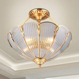 Brass 3 Heads Semi Flush Light Colonialism Ribbed Glass Scalloped Ceiling Fixture for Dining Room Clearhalo 'Ceiling Lights' 'Close To Ceiling Lights' 'Close to ceiling' 'Glass shade' 'Glass' 'Semi-flushmount' Lighting' 270620