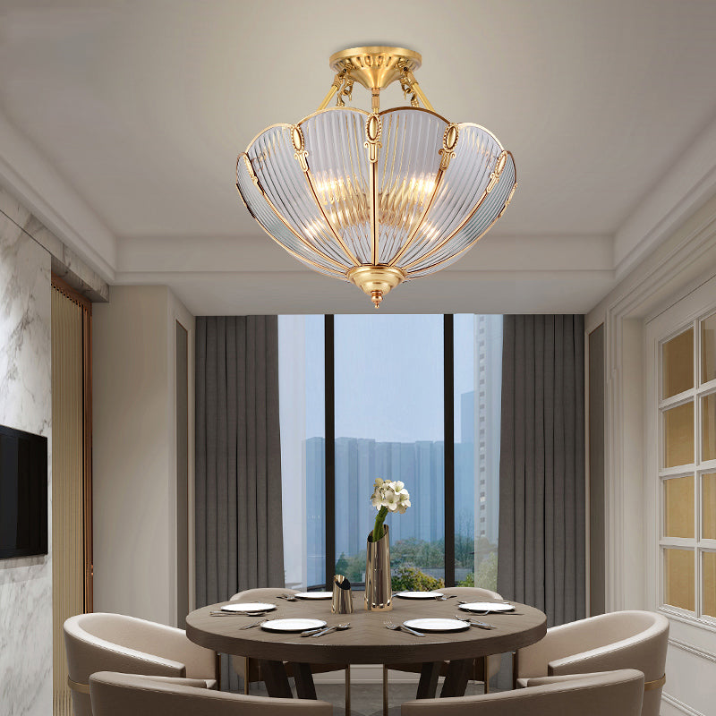 Brass 3 Heads Semi Flush Light Colonialism Ribbed Glass Scalloped Ceiling Fixture for Dining Room Clearhalo 'Ceiling Lights' 'Close To Ceiling Lights' 'Close to ceiling' 'Glass shade' 'Glass' 'Semi-flushmount' Lighting' 270621