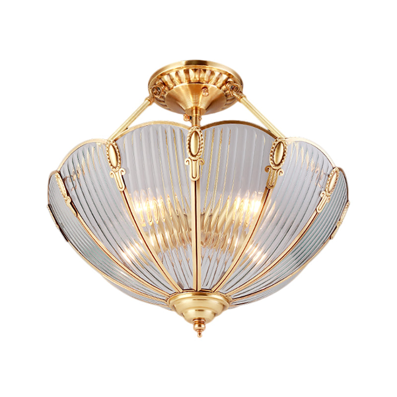 Brass 3 Heads Semi Flush Light Colonialism Ribbed Glass Scalloped Ceiling Fixture for Dining Room Clearhalo 'Ceiling Lights' 'Close To Ceiling Lights' 'Close to ceiling' 'Glass shade' 'Glass' 'Semi-flushmount' Lighting' 270622