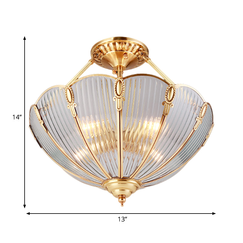 Brass 3 Heads Semi Flush Light Colonialism Ribbed Glass Scalloped Ceiling Fixture for Dining Room Clearhalo 'Ceiling Lights' 'Close To Ceiling Lights' 'Close to ceiling' 'Glass shade' 'Glass' 'Semi-flushmount' Lighting' 270623