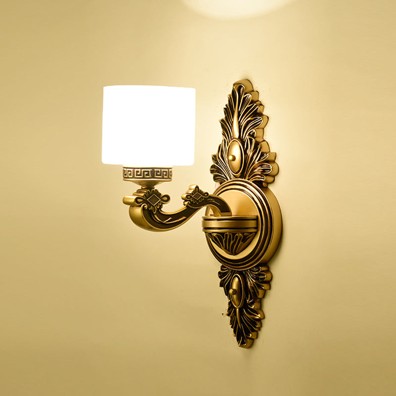 Brass Finish Drum Wall Sconce Lighting Vintage Style Opal Glass 1/2-Head Living Room Wall Lamp Clearhalo 'Wall Lamps & Sconces' 'Wall Lights' Lighting' 270625