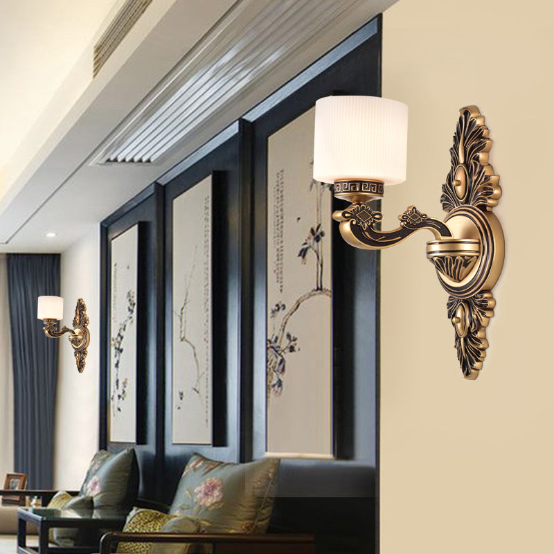 Brass Finish Drum Wall Sconce Lighting Vintage Style Opal Glass 1/2-Head Living Room Wall Lamp Clearhalo 'Wall Lamps & Sconces' 'Wall Lights' Lighting' 270626