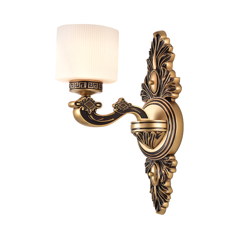 Brass Finish Drum Wall Sconce Lighting Vintage Style Opal Glass 1/2-Head Living Room Wall Lamp Clearhalo 'Wall Lamps & Sconces' 'Wall Lights' Lighting' 270627