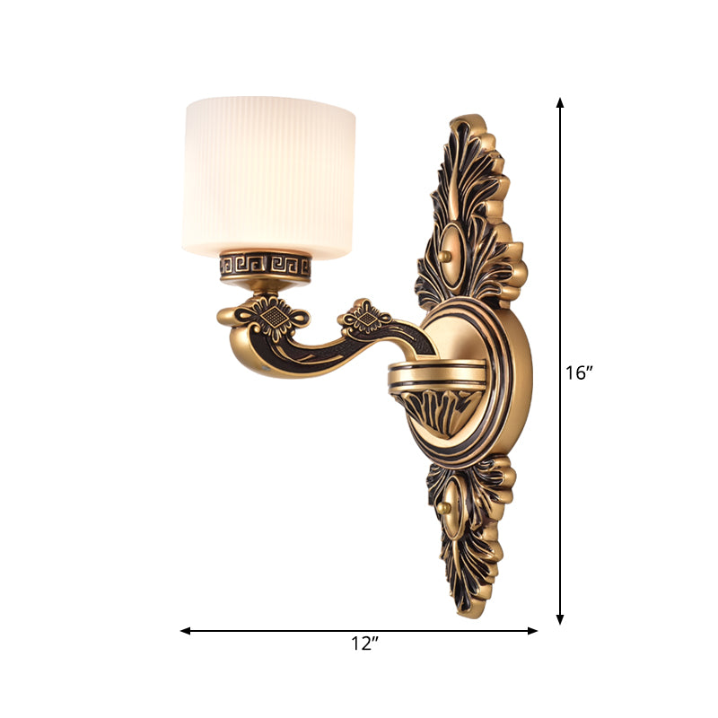 Brass Finish Drum Wall Sconce Lighting Vintage Style Opal Glass 1/2-Head Living Room Wall Lamp Clearhalo 'Wall Lamps & Sconces' 'Wall Lights' Lighting' 270628