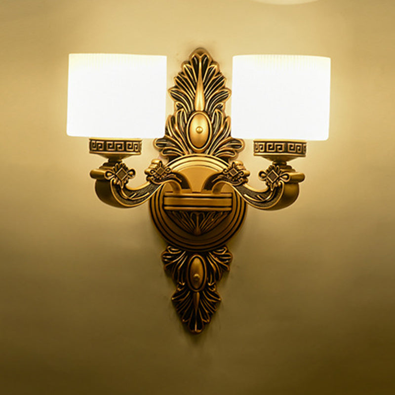 Brass Finish Drum Wall Sconce Lighting Vintage Style Opal Glass 1/2-Head Living Room Wall Lamp 2.0 Brass Clearhalo 'Wall Lamps & Sconces' 'Wall Lights' Lighting' 270630