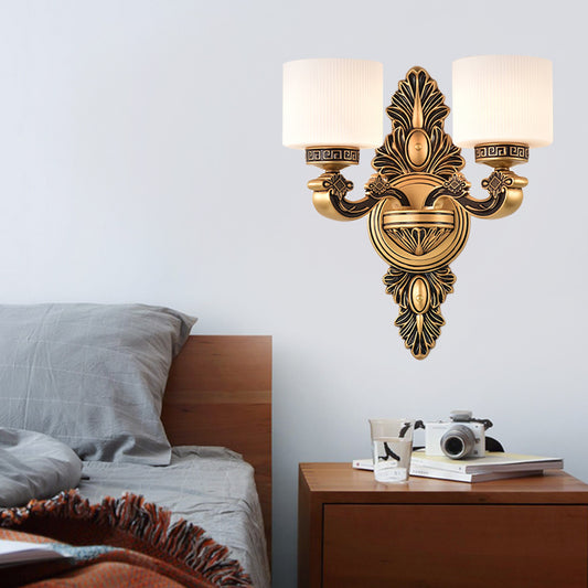 Brass Finish Drum Wall Sconce Lighting Vintage Style Opal Glass 1/2-Head Living Room Wall Lamp Clearhalo 'Wall Lamps & Sconces' 'Wall Lights' Lighting' 270631