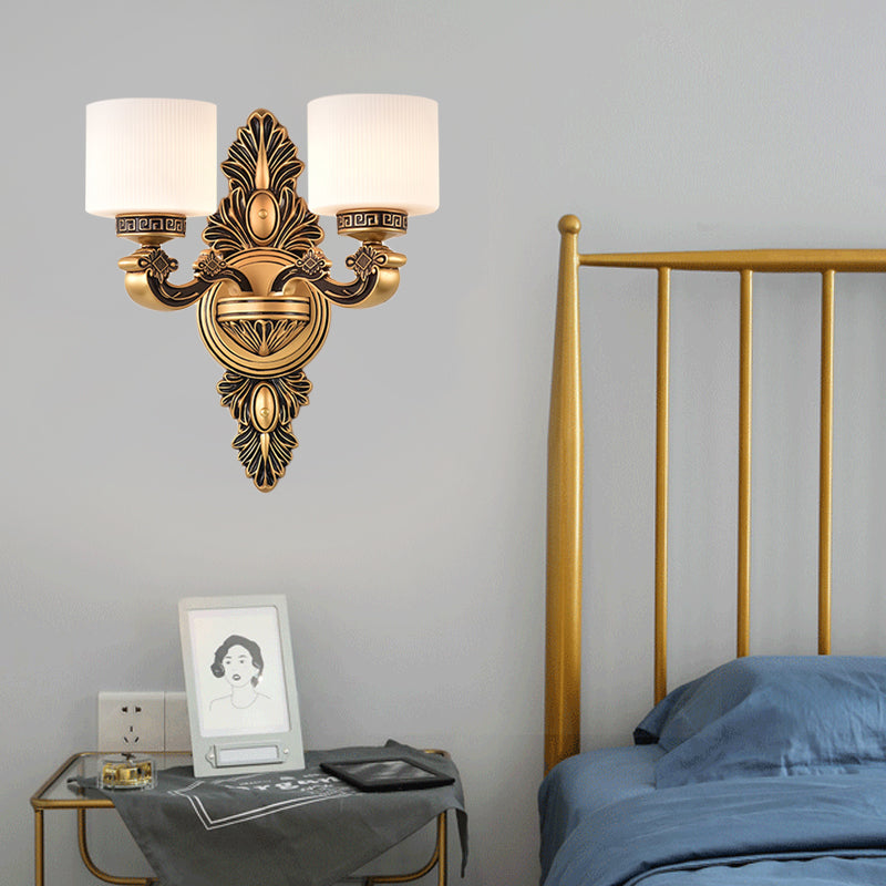 Brass Finish Drum Wall Sconce Lighting Vintage Style Opal Glass 1/2-Head Living Room Wall Lamp Clearhalo 'Wall Lamps & Sconces' 'Wall Lights' Lighting' 270632