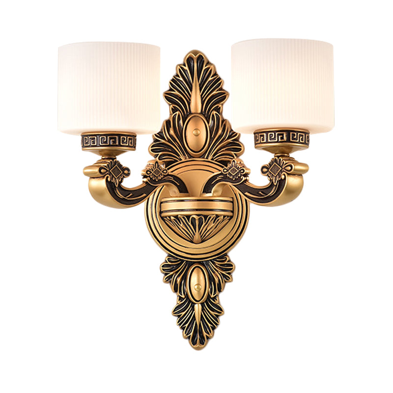 Brass Finish Drum Wall Sconce Lighting Vintage Style Opal Glass 1/2-Head Living Room Wall Lamp Clearhalo 'Wall Lamps & Sconces' 'Wall Lights' Lighting' 270633