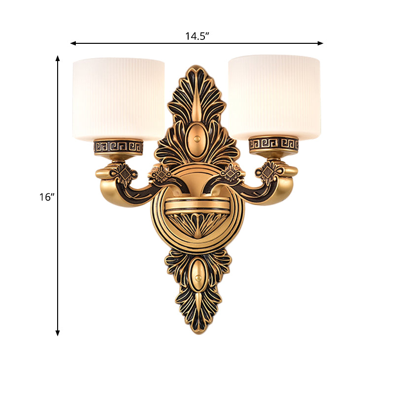 Brass Finish Drum Wall Sconce Lighting Vintage Style Opal Glass 1/2-Head Living Room Wall Lamp Clearhalo 'Wall Lamps & Sconces' 'Wall Lights' Lighting' 270634