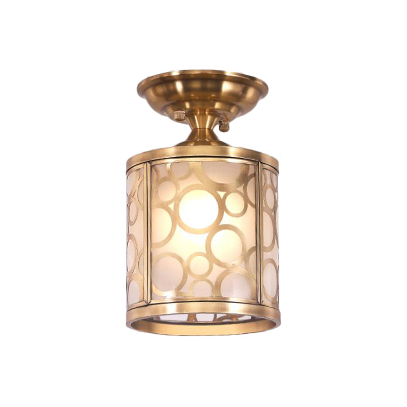 Frosted Glass Brass Ceiling Flush Circle/Oval 1 Head Colonialist Flush Mount Lamp for Living Room Clearhalo 'Ceiling Lights' 'Close To Ceiling Lights' 'Close to ceiling' 'Flush mount' Lighting' 270639