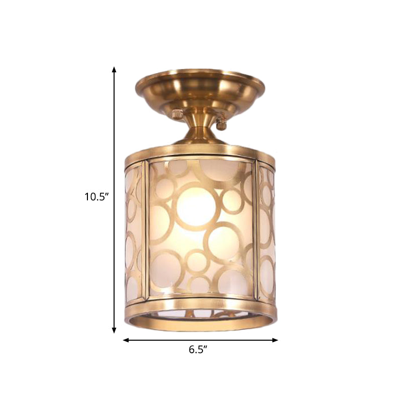 Frosted Glass Brass Ceiling Flush Circle/Oval 1 Head Colonialist Flush Mount Lamp for Living Room Clearhalo 'Ceiling Lights' 'Close To Ceiling Lights' 'Close to ceiling' 'Flush mount' Lighting' 270640