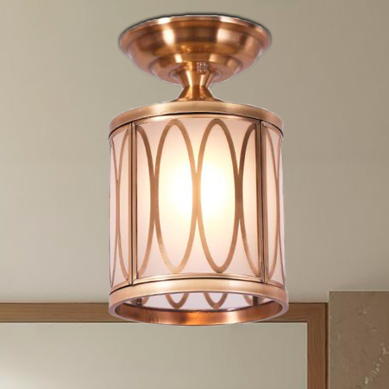 Frosted Glass Brass Ceiling Flush Circle/Oval 1 Head Colonialist Flush Mount Lamp for Living Room Brass Oval Clearhalo 'Ceiling Lights' 'Close To Ceiling Lights' 'Close to ceiling' 'Flush mount' Lighting' 270641