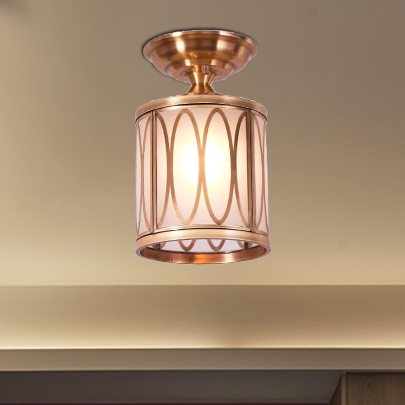 Frosted Glass Brass Ceiling Flush Circle/Oval 1 Head Colonialist Flush Mount Lamp for Living Room Clearhalo 'Ceiling Lights' 'Close To Ceiling Lights' 'Close to ceiling' 'Flush mount' Lighting' 270642