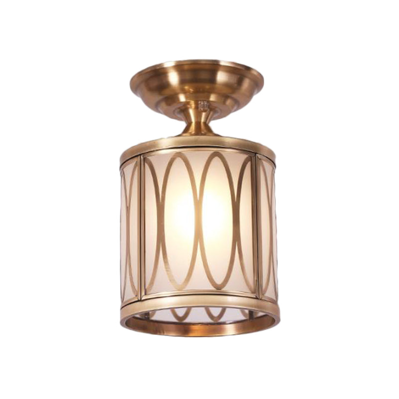 Frosted Glass Brass Ceiling Flush Circle/Oval 1 Head Colonialist Flush Mount Lamp for Living Room Clearhalo 'Ceiling Lights' 'Close To Ceiling Lights' 'Close to ceiling' 'Flush mount' Lighting' 270644